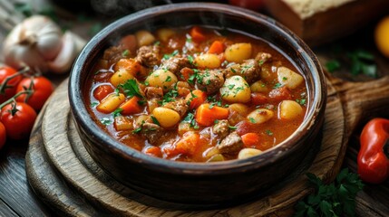 Bowl of hearty stew with potatoes and tomatoes on a wooden table in realistic photography