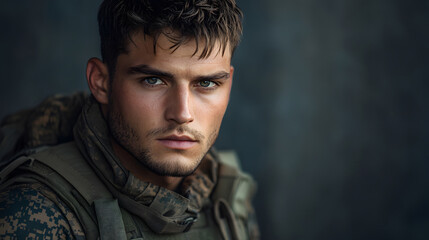Fototapeta premium Soldier in Military Uniform with Tactical Gear and Serious Expression