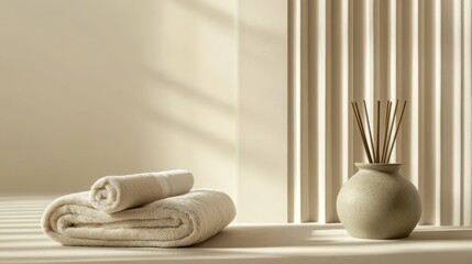 minimalist wellness room in beige tones with towel and incense holder
