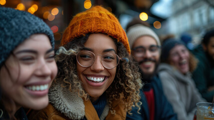 group of diverse friends laughing and taking selfies together, enjoying joyful moment in cozy outdoor setting. warm atmosphere is enhanced by soft lights and smiles