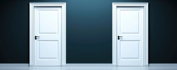 Naklejka premium Two White Interior Doors on a Dark Teal Wall Choice Opportunity Concept