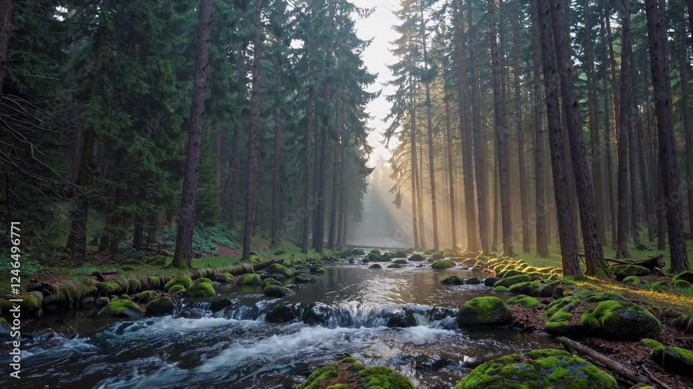Poster Sunlight filters through trees over a serene stream in a lush forest during early morning