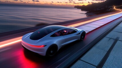 Fototapeta premium Futuristic Electric Car Driving Along Scenic Coastal Road at Sunset