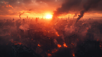 Apocalyptic Cityscape Burning Buildings Dramatic Sunset Fiery Sky Orange Inferno Urban Destruction  