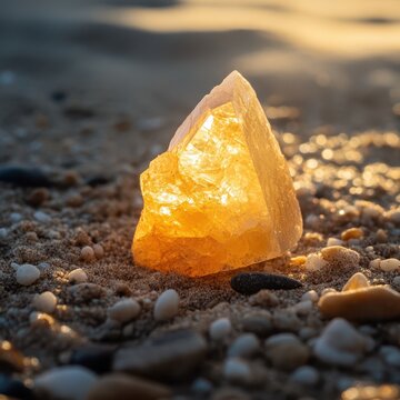 raw citrine crystal in sand that glows in the sunlight