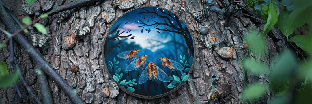 Enchanting Cicadas in Nighttime Forest Scene Magical Tree Bark Setting Fantasy Illustration