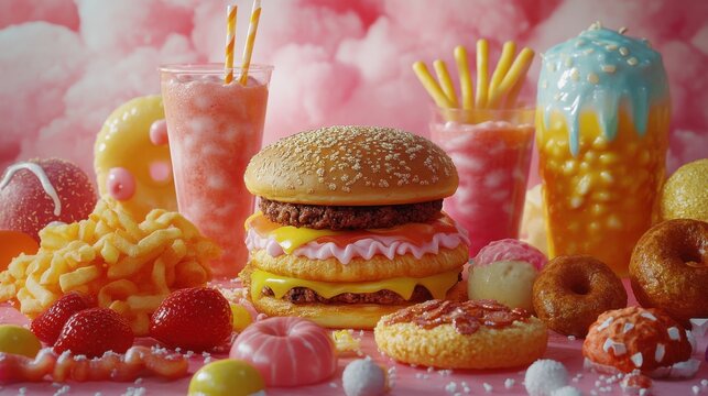 Realistic photography of a kids menu featuring junk food on a pink background