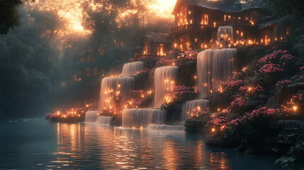 Fototapeta premium Enchanted Waterfall House Magical Sunset Dreamy Fantasy Landscape art pink calm rocks scene night 