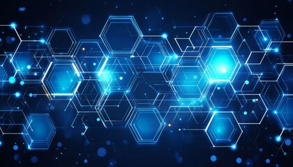 Obraz premium Glowing Hexagon Network, Abstract Futuristic Communication System Background With Light Particles