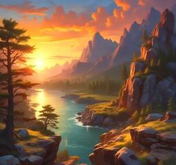 Illustration of fantasy scenic landscape.