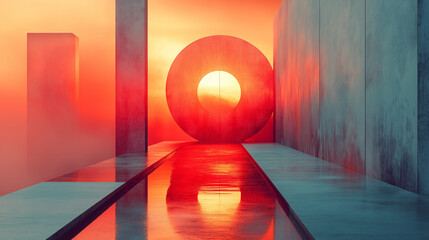 Minimalist Red Architectural Space with Circular Window and Sunlight