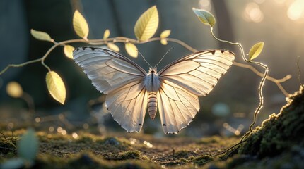 A delicate white butterfly with translucent wings rests on a slender branch, bathed in the golden light of the setting sun. The scene is serene and magical, evoking a sense of peace and wonder.