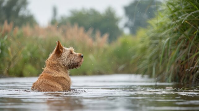 Golden dog wading through calm water in a lush green landscape with rain softly falling