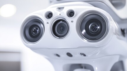 Closeup of a compact advanced camera integrated into a telemedicine station highlighting its multiple lenses and adjustable settings. The setup is designed for highquality video calls