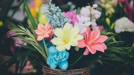 Obraz premium Vibrant Bouquet of Artificial Flowers in Basket