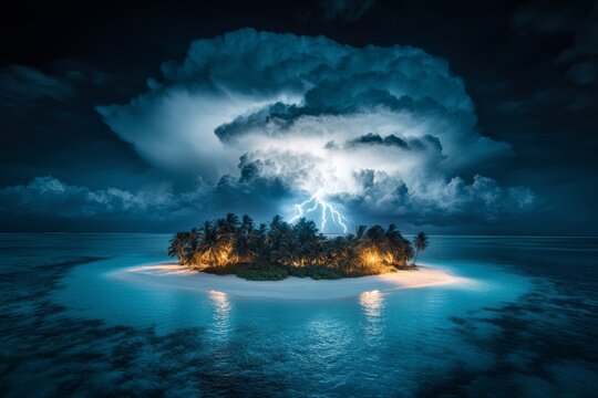 A dramatic thunderstorm rolling over an island, with dark clouds and lightning illuminating the landscape