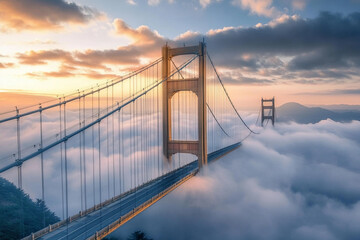 Fototapeta premium Elevated view of a bridge emerging from clouds at sunrise over a mountainous landscape