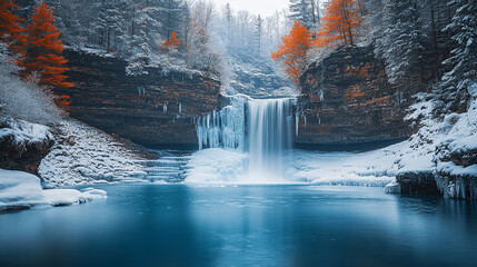Frozen Waterfall Winter Wonderland Scene Majestic Nature Ice Blue Water icy snow cold trees rocks   