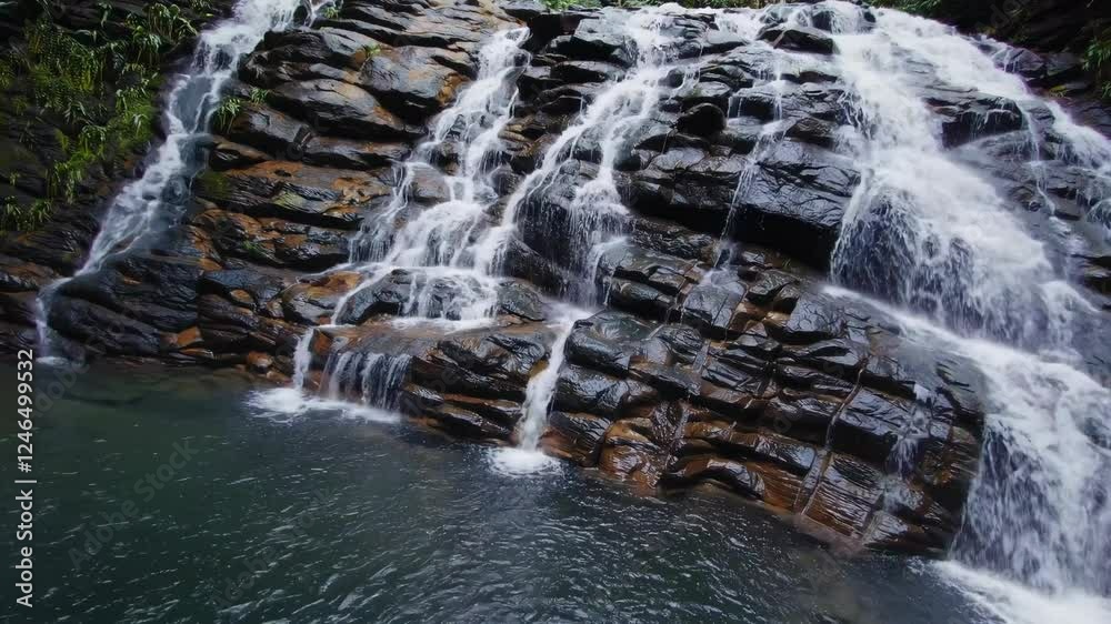 Poster discovering a serene waterfall surrounded by lush greenery in a tropical jungle setting