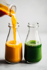 Two glass jars with organic vegetable fresh juice on a light background. Pouring juice into bottle. Detox plan.