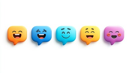 Obraz premium Colorful chat bubbles featuring various smiling and happy emojis, representing different emotions and expressions in digital communication.