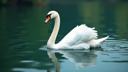 Graceful white swan on serene lake, gentle ripples , ripple, feather