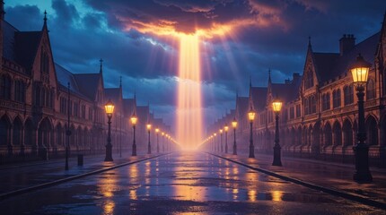 Naklejka premium A mystical scene unfolds on a rain-swept street, where ancient buildings stand under a dramatic, glowing sky. The warm light contrasts with the cool blues and purples of the twilight.