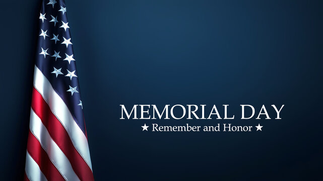 American US flag on dark blue background, text memorial day remember and honor, memorial day holiday celebration and background