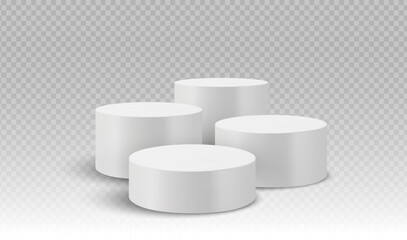 Cluster of four cylindrical podiums with even heights on a transparent background. Stage showcase platforms vector.