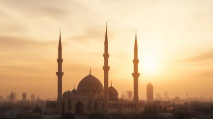 Fototapeta premium Sunset silhouette of a mosque in a city