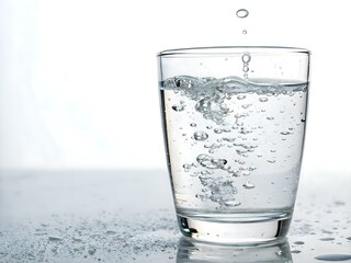 Glass of fresh water with bubbles, clear liquid with splashes, hydration concept, purity and freshness