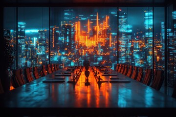 Obraz premium Night Cityscape Boardroom: Futuristic Conference Room with Panoramic View