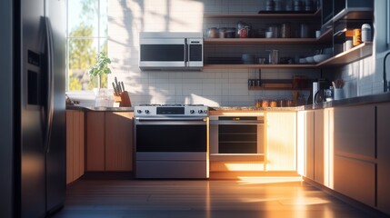 A modern kitchen with a full set of stainless steel appliances, including a refrigerator, oven, microwave, and dishwasher, illuminated by warm morning sunlight. 4K ultra-realistic photography