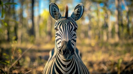 Naklejka premium Close-up of a zebra resting in a sunlit forest, surrounded by trees and natural foliage