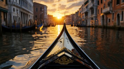 A gondola on a canal at sunset.
