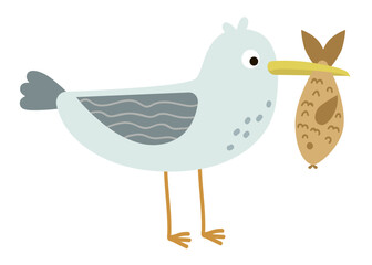 Hand drawn seagull with fish in its beak. Sea fauna. Vector cartoon seagull for your design.