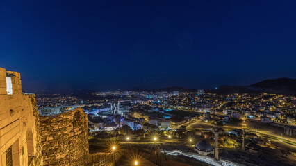 Aerial view from old castle in historical city town of Nevsehir night timelapse