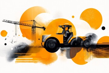 A flat illustration of a construction crane and a worker in safety gear, designed with bold, clean shapes