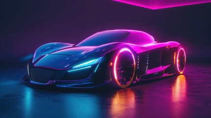 A futuristic electric sports car glowing with neon pink and blue lights