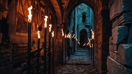 A narrow, ancient stone passageway is lit by a line of flickering torches, casting a warm glow on the aged walls and medieval-style murals. The ambiance is mystical and enchanting.