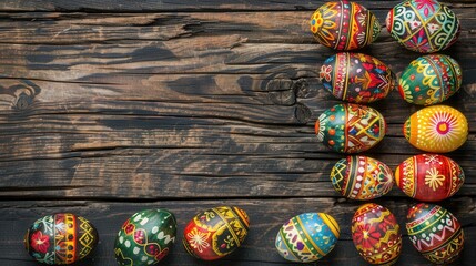Brightly colored Easter eggs with intricate patterns and designs arranged on rustic wooden boards. Celebrates festive traditions with vibrant and detailed decoration for seasonal events...