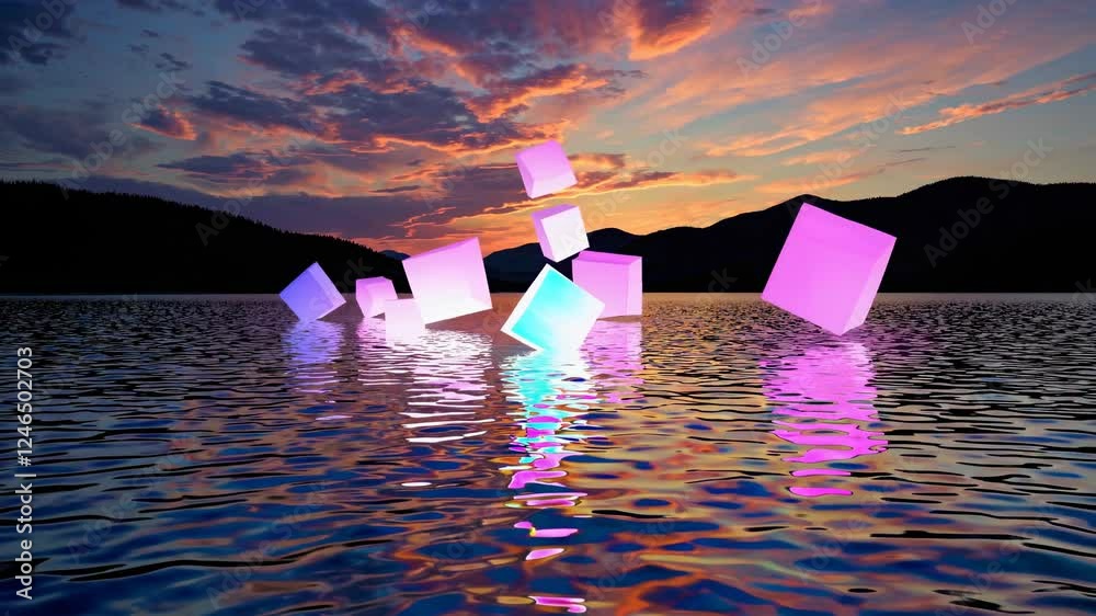 Fototapete Illuminated cubes floating on water at sunset create a stunning visual display in nature