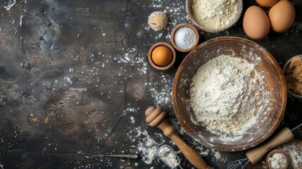 Rustic kitchen setup with wooden bowls of flour, eggs, and baking tools. Represents the process of creating traditional pastries with a focus on simplicity and natural preparation...