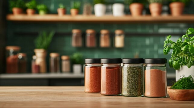 Assorted spice jars on wooden kitchen counter with green tiles and herb plants - Powered by Adobe