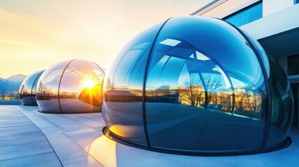 Fototapeta premium Modern Architectural Design with Reflective Glass Domes at Sunset