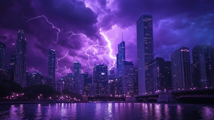 A powerful 4K storm photograph capturing intricate lightning patterns in a violet-hued sky above a modern urban skyline at night
