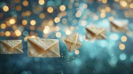Golden envelopes floating in a dreamy, bokeh-lit background with soft blue tones. Represents virtual email marketing, personalized communication, and engaging digital correspondence.