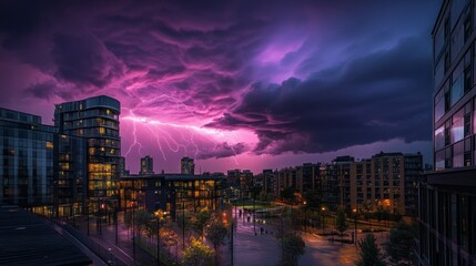 A powerful 4K storm photograph capturing intricate lightning patterns in a violet-hued sky above a modern urban skyline at night
