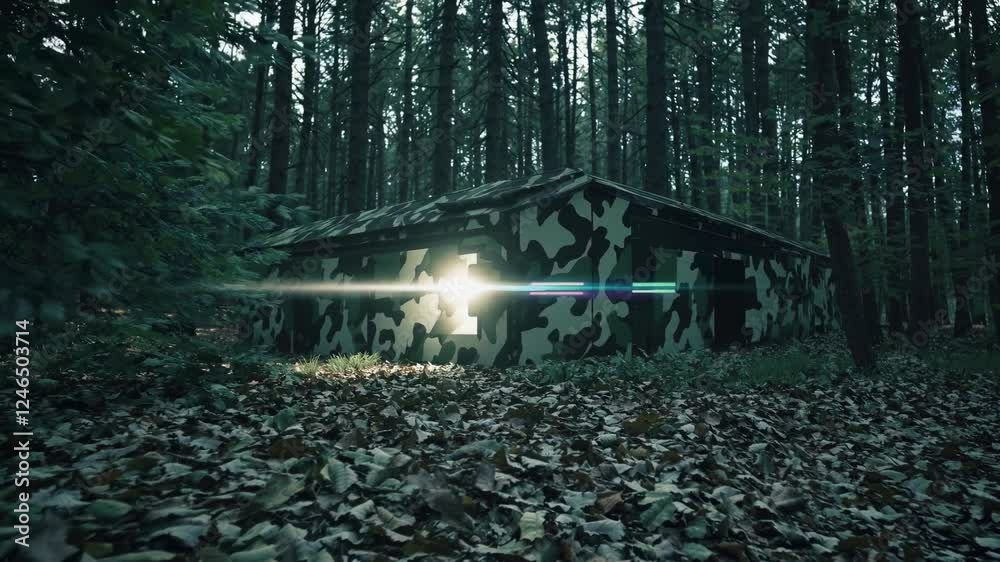Poster exploration of a secluded camouflaged shelter in a dense forest during twilight hours