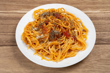 angle view spaghetti with classic bolognese sauce at horizontal composition